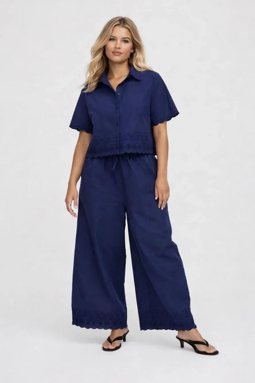 Roller Rabbit Navy Linen Blend Embroidered Hem Drawstring Wide Leg Pants Size L
